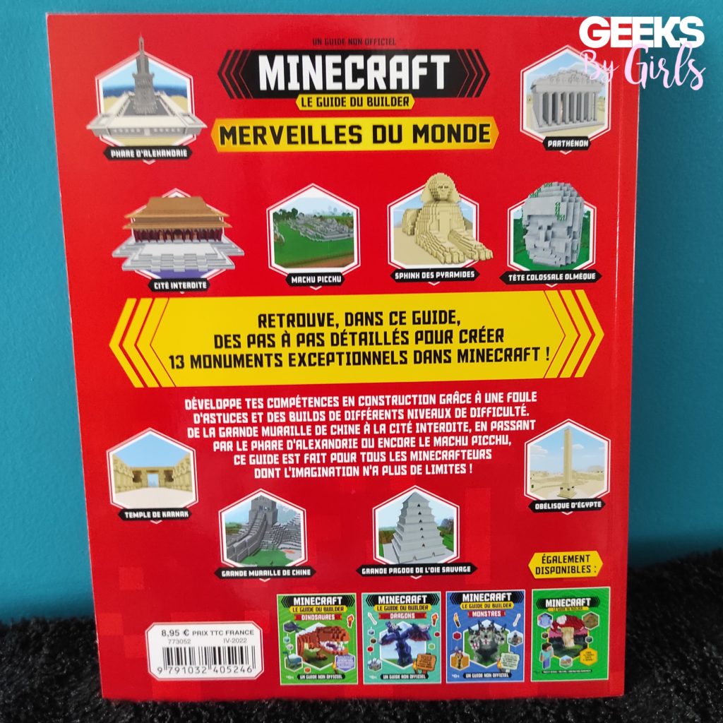 Minecraft le guide du builder, merveilles du monde, dos du livre.