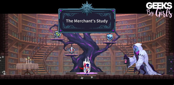 Personnage apparaît dans le bureau du Marchand de Rêve. 
Au centre un arbre, grande bibliothèque remplit de livre en arrière plan.