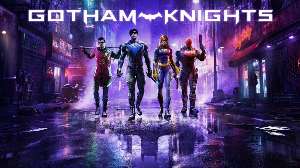 image officielle du jeu gotham knights, illustrant les 4 protagonistes nightwing, red hood, batgirl et robin
