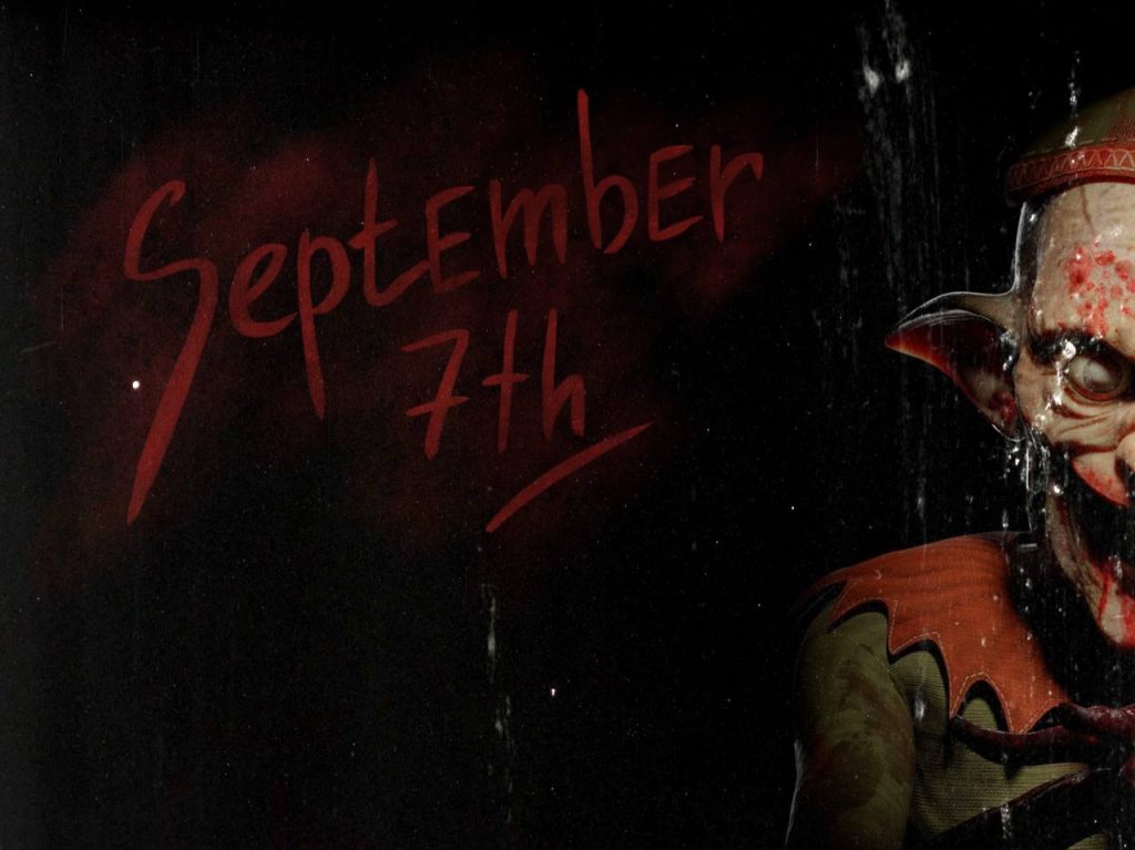 september 7th écrit en rouge sang et la moitié du visage d'un lutin de noël effrayant.